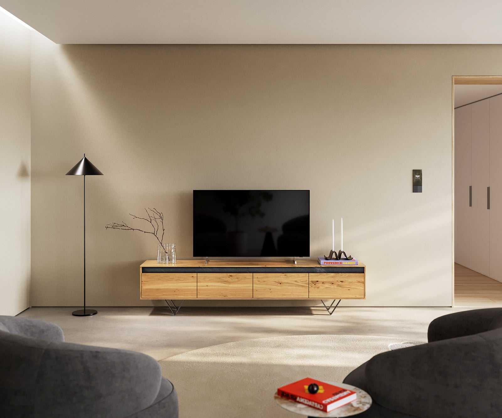 TV Stand Stonegrace 200 cm eg træ naturlige 4 skuffer sten finer v-fod metal sort - Image 2
