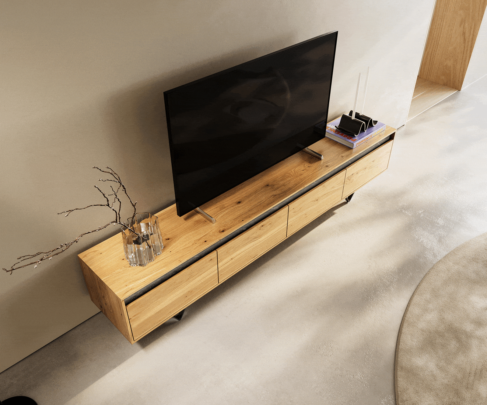 TV Stand Stonegrace 200 cm eg træ naturlige 4 skuffer sten finer v-fod metal sort - Image 3