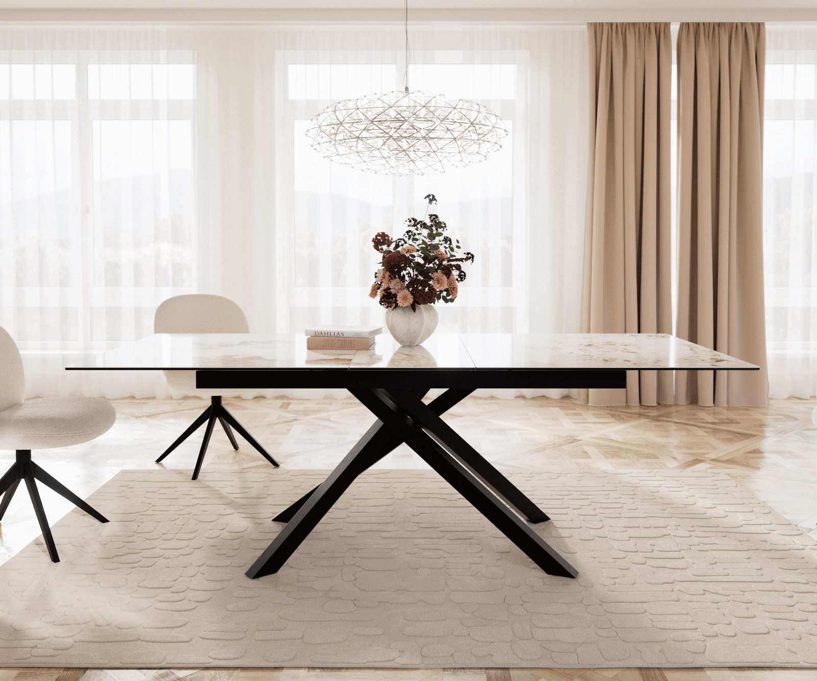Spisebord Aurora Udvidelig keramik 180-220 cm beige krydsramme sort sort - Image 2