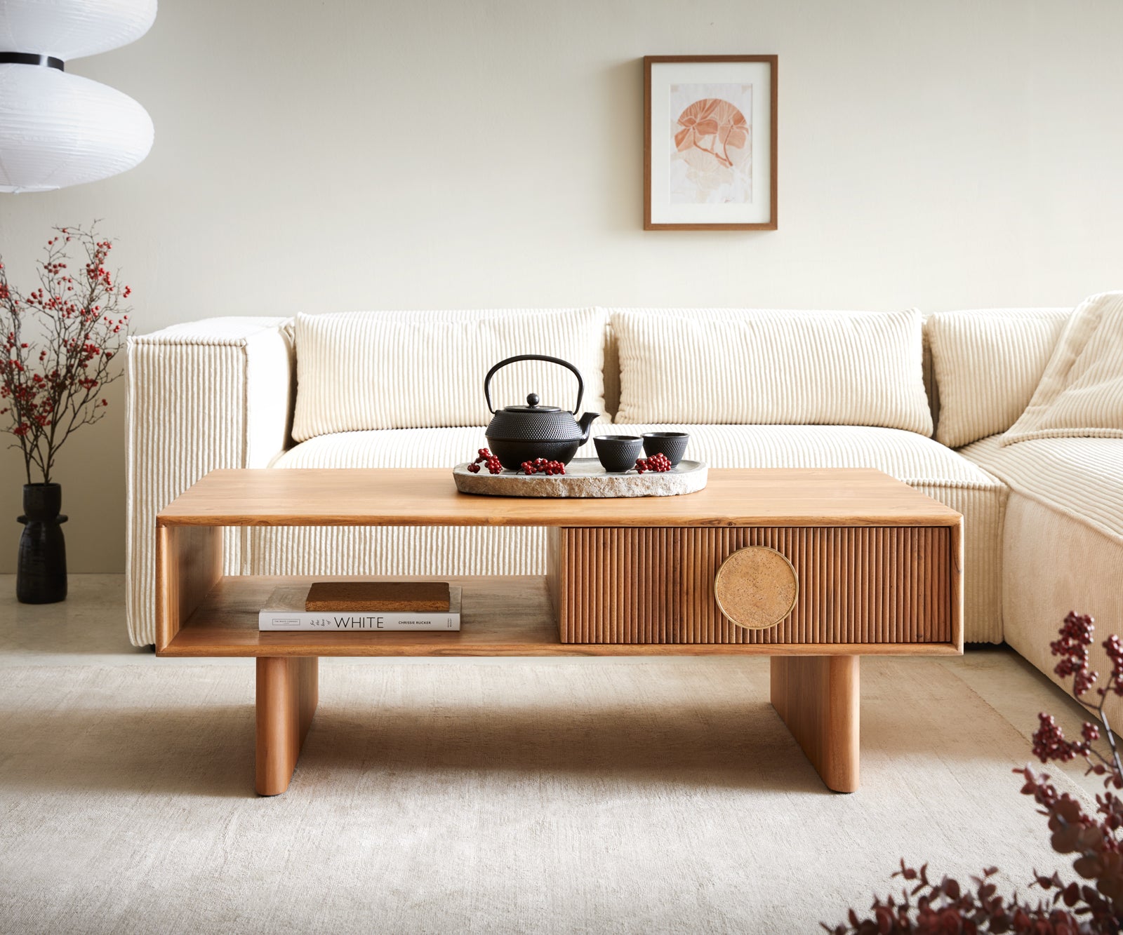 Sofabord Surimu 115x60cm Acacia Wood Brown 2 skuffer Kork håndtag Online salg - Image 2