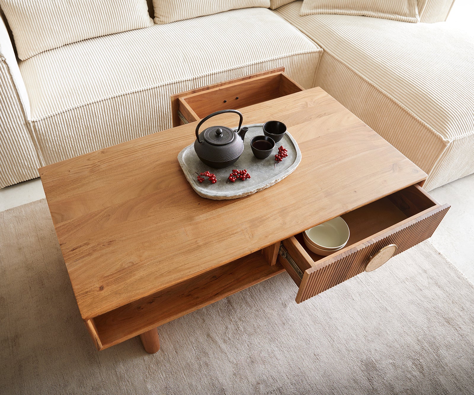 Sofabord Surimu 115x60cm Acacia Wood Brown 2 skuffer Kork håndtag Online salg - Image 3
