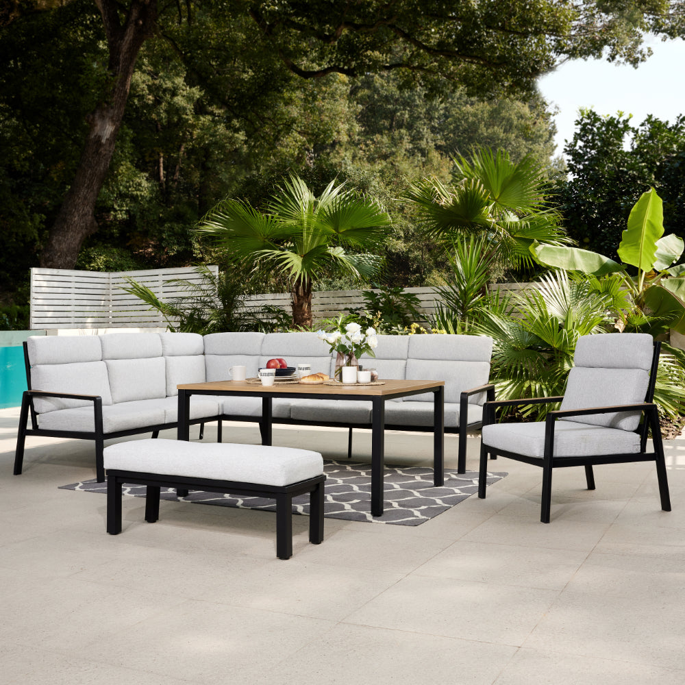 Aruba Corner Garden Sofa med stol og bænk, sort med grå puder - Image 2